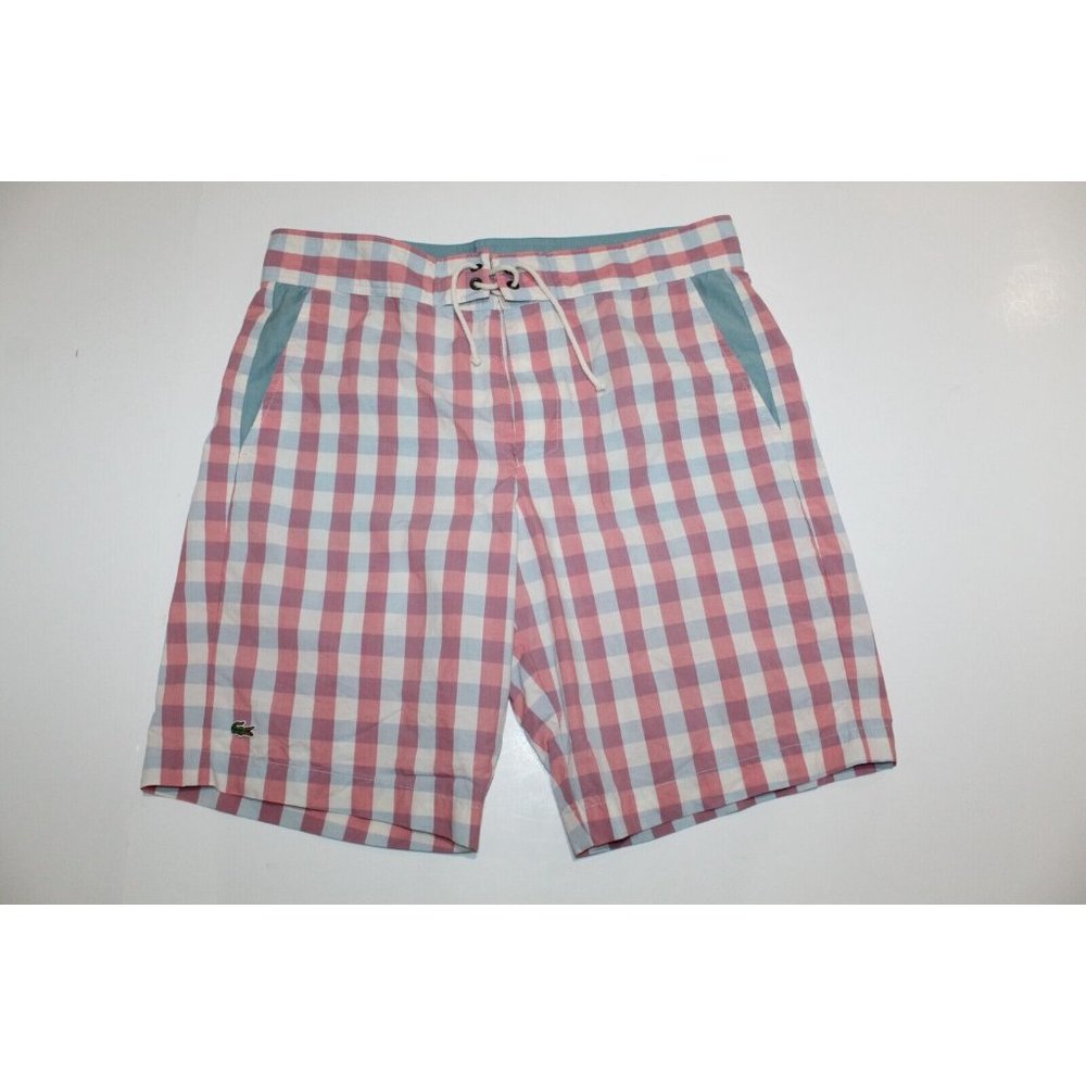 LACOSTE Mens Size 5 Swim Shorts Board Trunks Gingham Plaid Pink & Blue VGC